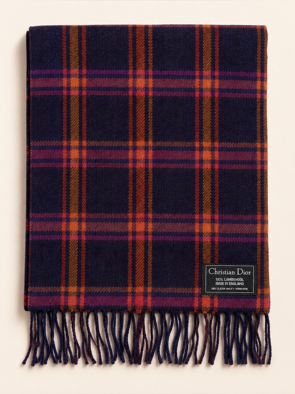 Dior Plaid Wool Scarf in Navy with Pink & Orange Stripes